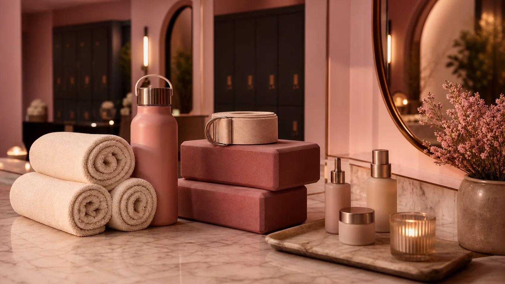 Warm towels, yoga blocks, water, and vanity essentials arranged at Pink Room.