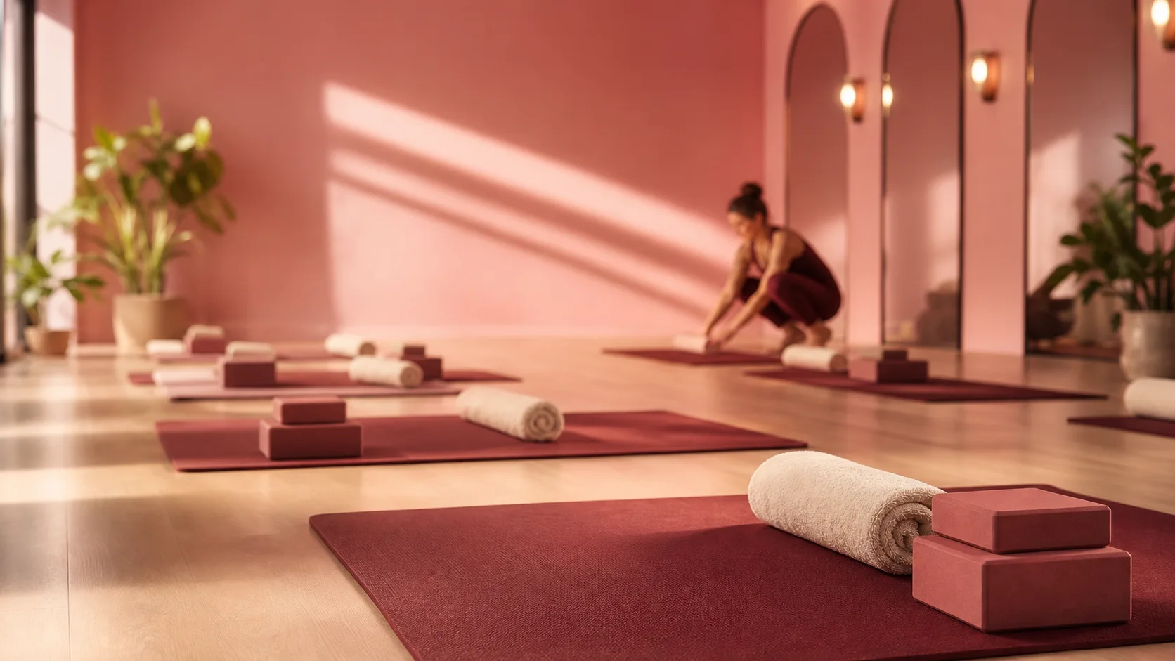Reserved mats, towels, and blocks waiting before class.