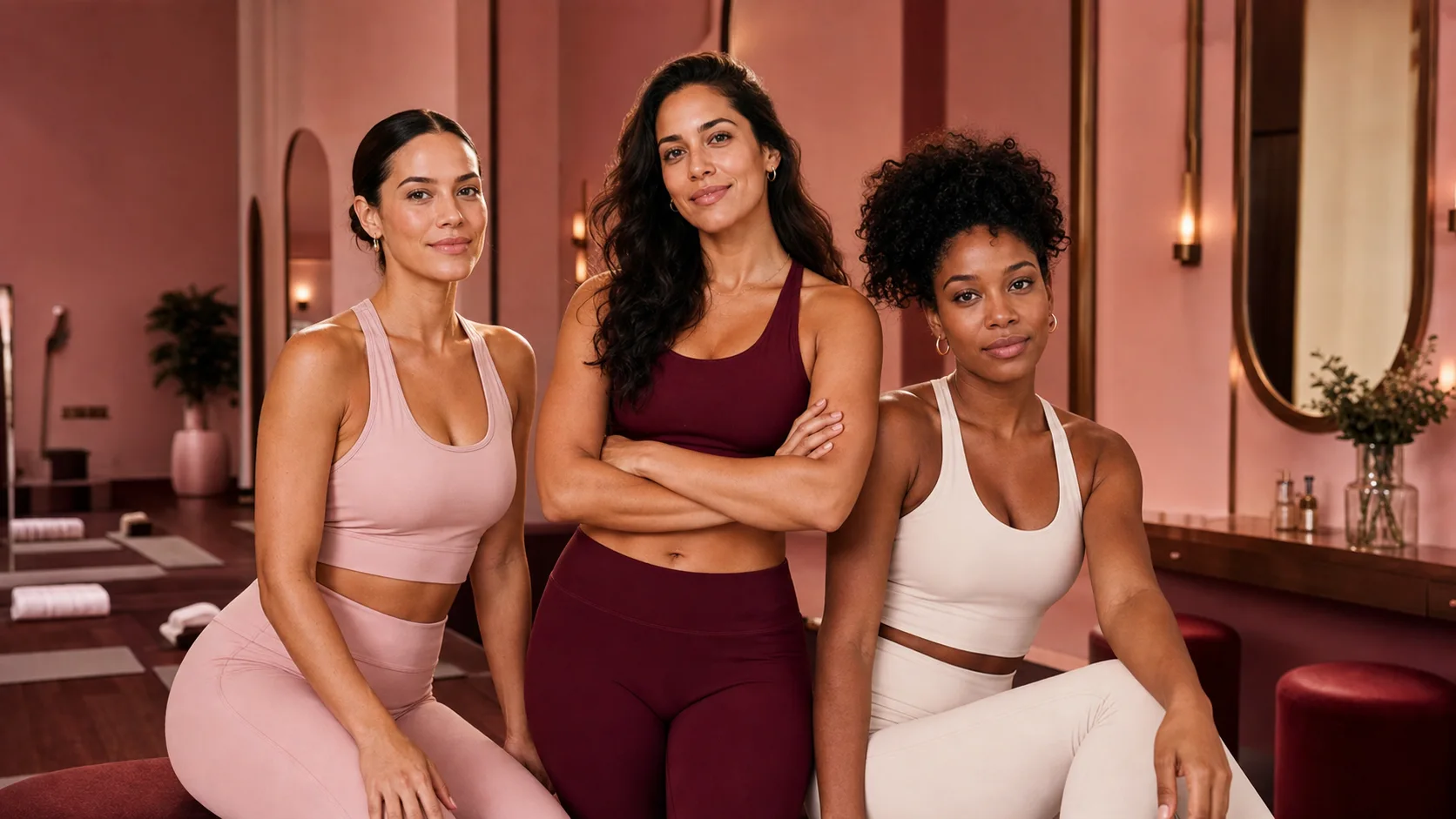 Three Pink Room instructors in a blush studio.