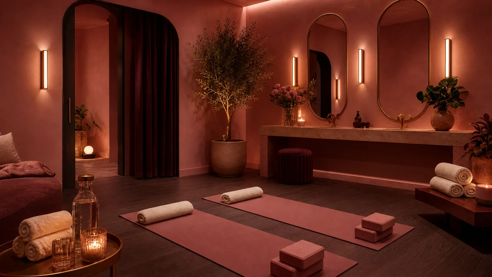 A private Pink Room suite with mats, mirrors, towels, and warm evening light.