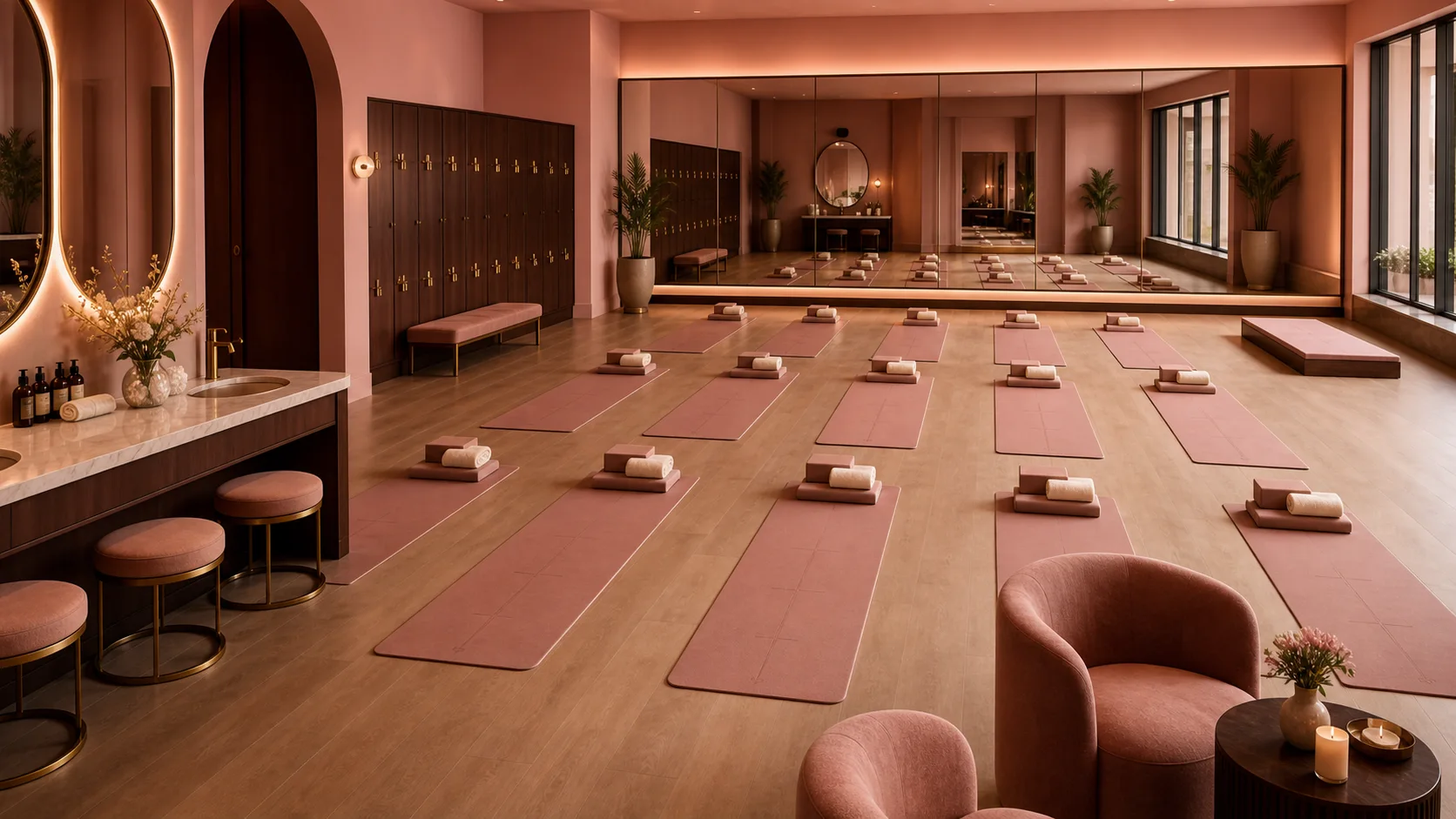 Rows of prepared mats, towels, lockers, and vanity mirrors inside Pink Room.